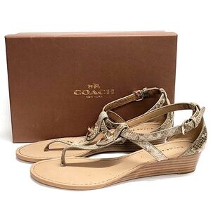 Coach Metallic Tan Snake-Embossed Wedge Thong Sandals